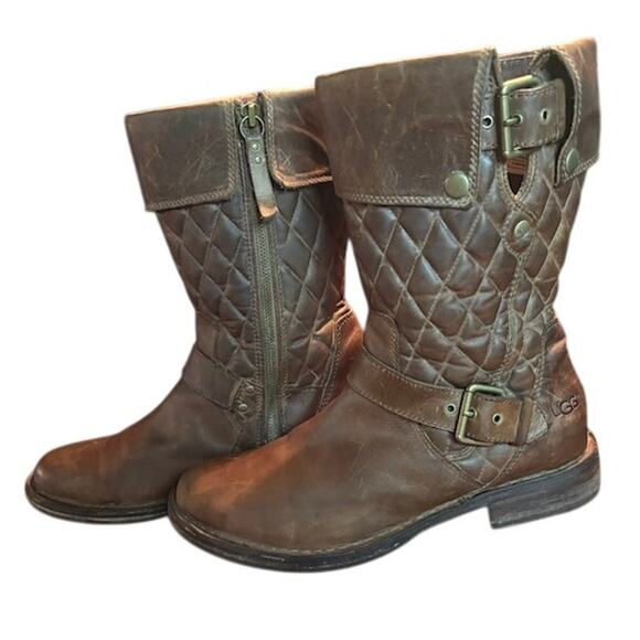 UGG Boot Brown Leather Quilted Mid High Conner Fawn Australia side zip sizs 9 - Picture 2 of 14